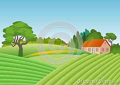 Country landscape with house surrounded by grove. In the foreground cultivated fields. Stock Photo