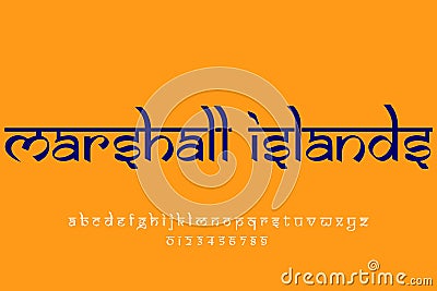 Country Marshall Islands text design. Indian style Latin font design, Devanagari inspired alphabet, letters and numbers, Cartoon Illustration