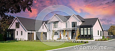 Farmhouse Modern Exterior Maison Home House Pink Sunset Clouds Sky Background Stock Photo