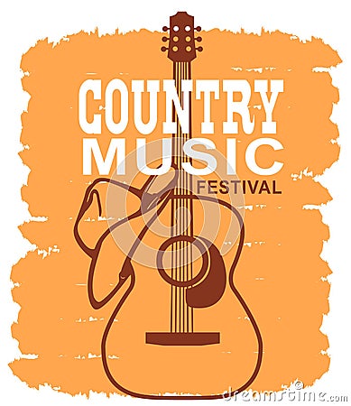 Country music of acoustic guitar and cowboy American hat. Vector music poster background Vector Illustration