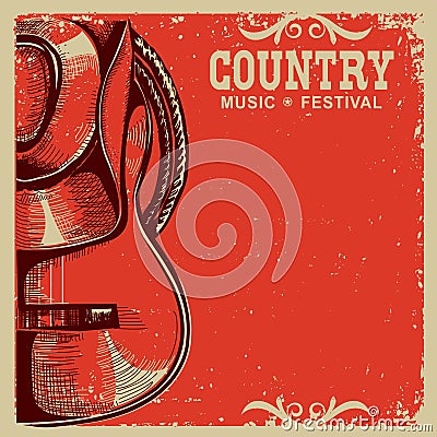 Country music card with cowboy hat and guitar on old paper Vector Illustration