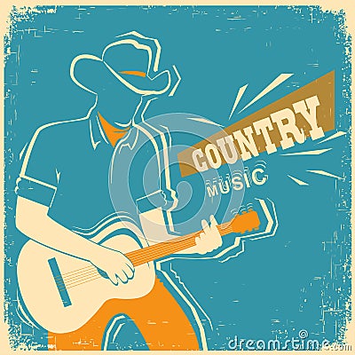 Country music festival with musician playing guitar on old vintage paper Vector Illustration