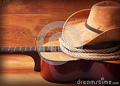 Country music picture with guitar and cowboy hat Stock Photo