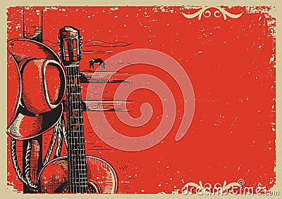 country music poster with cowboy hat and guitar on vintage poster Vector Illustration