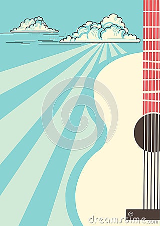 Country Music poster with musical instrument acoustic guitar.Vector blue sky background Vector Illustration