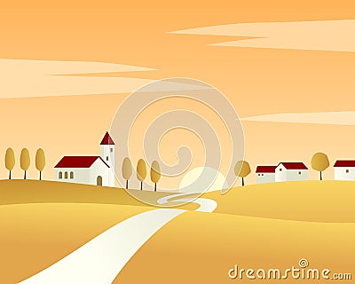 Country Road Autumn Landscape Vector Illustration