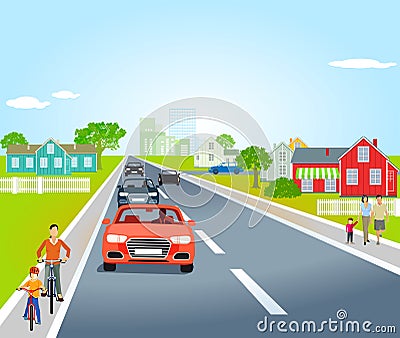 Country road with cars and bicycles Vector Illustration