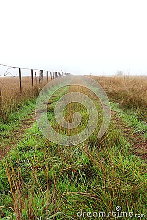 Country road on a foggy morning beside a farm fence Stock Photo