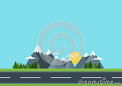 Country road in green field and mountains. Vector Illustration