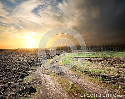 Country road and plowed land Stock Photo