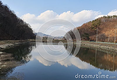Country side beautifl sky views amazing trees clouds lake reflection Stock Photo