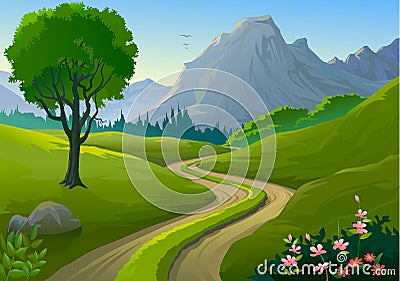 Country side Rocky Hills and Lonely Pathway Vector Illustration