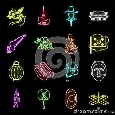 Country South Korea neon icons in set collection for design.Travel and attraction vector symbol stock web illustration. Vector Illustration
