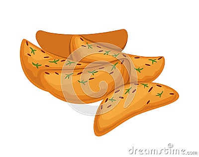 Country style fried potato slices with golden crust and dill Vector Illustration