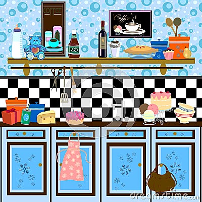 Country style retro kitchen Cartoon Illustration