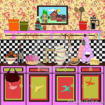 Country style retro kitchen Cartoon Illustration