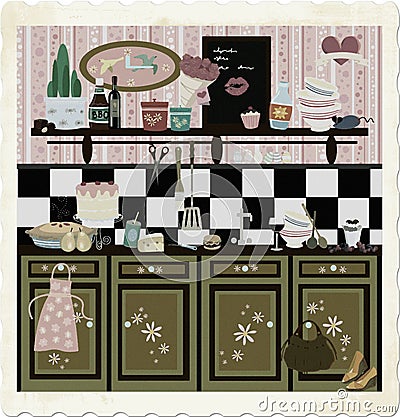 Country style retro kitchen (early color technique Cartoon Illustration