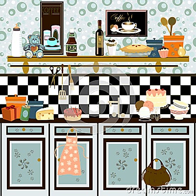 Country style retro kitchen (early color technique Cartoon Illustration
