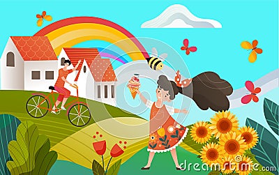 Country summer memories, rural landscape, children girl with icecream and boy on bicycle, rainbow vector countryside Vector Illustration