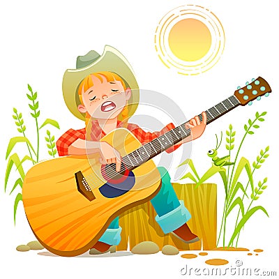 Girl playing guitar. Country Teen girl is playing guitar and singing. Happy moments with her love, playing folk song Vector Illustration