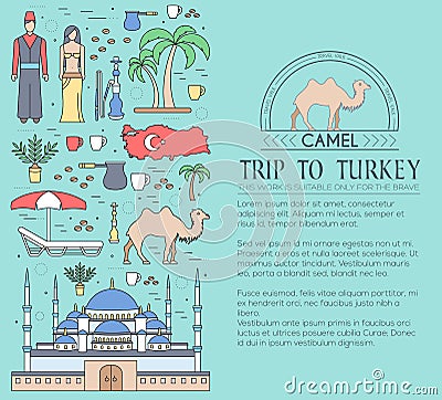 Country Turkey travel vacation guide of goods, places and features. Set of architecture, fashion, people, items, nature Vector Illustration