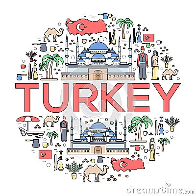 Country Turkey travel vacation guide of goods, places and features. Set of architecture, fashion, people, items, nature Vector Illustration