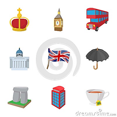 Country United Kingdom icons set, cartoon style Vector Illustration