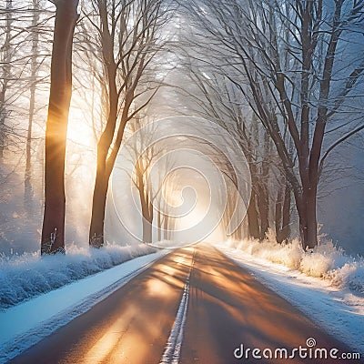 Country Winter Road With Sunbeams Stock Photo