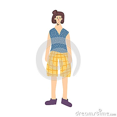 Country woman in t-shirt, shorts and rubber boots doodle drawing. Hand drawn flat vector illustration in cartoon style Vector Illustration