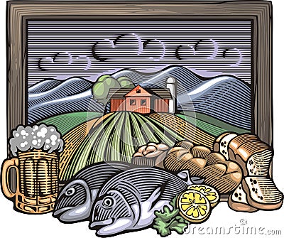 Countrylife and Farming Illustration in Woodcut Style Stock Photo