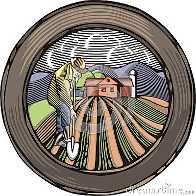 Countrylife and Farming Illustration in Woodcut Style Stock Photo