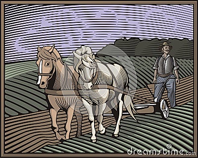 Countrylife and Farming Illustration in Woodcut Style Stock Photo