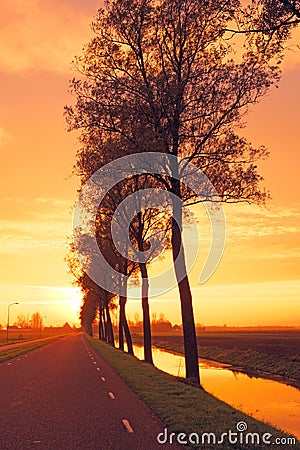 Countryroad in Netherlands by twilight Stock Photo
