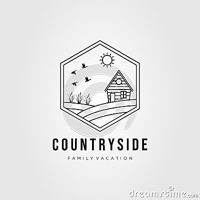 Countryside cabin rental line art logo template vector illustration design. simple rural cottage, house, lodge rent logo concept Vector Illustration