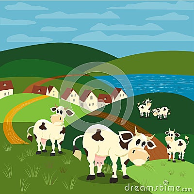 Countryside and cows Cartoon Illustration