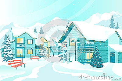 Countryside with Decorated Houses under Snowfall Vector Illustration