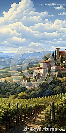 Realistic Landscape Painting Of Italian Vineyard In The Style Of Dalhart Windberg Stock Photo