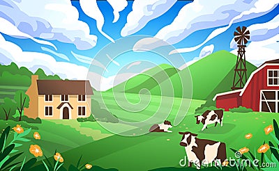 Countryside. Farm village, fields and blue sky, agriculture lands and cow in rural landscape, country panorama. Nature Vector Illustration