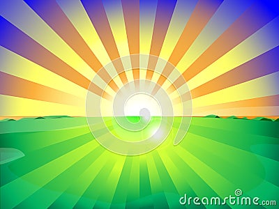 Countryside field and sun rise background with beautiful blue sky. Vector. Vector Illustration