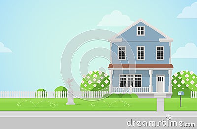 Countryside house on lawn in vector flat style Vector Illustration