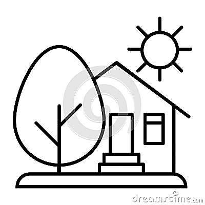 Countryside house, sun and tree thin line icon. House with tree and sun vector illustration isolated on white. Organic Vector Illustration