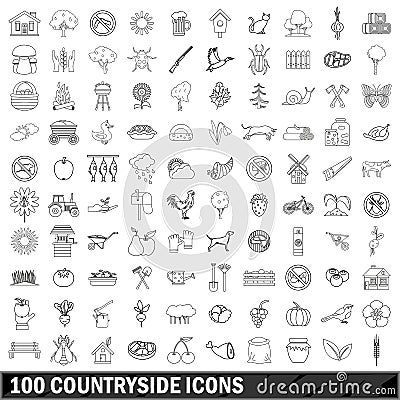 100 countryside icons set, outline style Vector Illustration