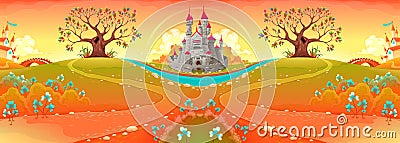 Countryside landscape with castle in the sunset Vector Illustration