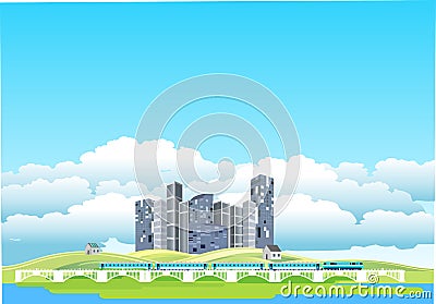 Countryside landscape, ecocity, train on bridge, Vector Illustration