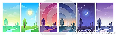 Countryside landscape in parts of day time. Sky and field daytime circle as sunrise, noon, sunset and night Vector Illustration