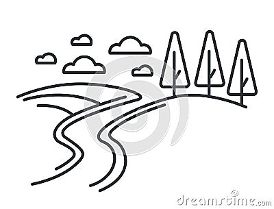 Countryside landscape, road on hills and forest outline drawing Vector Illustration