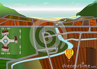 Countryside landscape seen from above made vanishing point perspective Cartoon Illustration