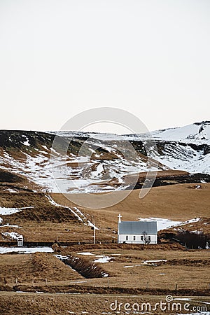 Countryside landscape, with small church stand alone on hills in Iceland Stock Photo
