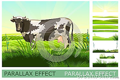 Countryside landscape with vegetable gardens and pastures with grazing goldstein cow. Solid layers for folding picture Vector Illustration