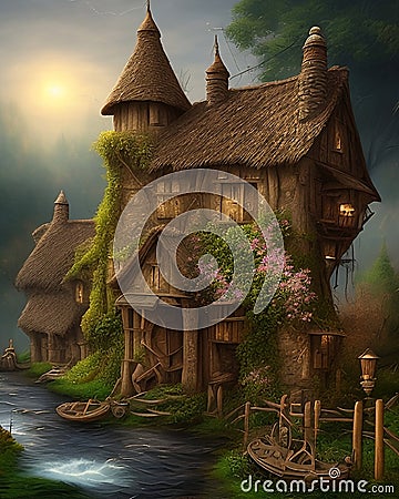 Countryside magic house and river Stock Photo